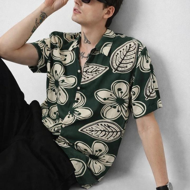 Forest Green Tropical Floral Printed Shirt - Short Sleeve