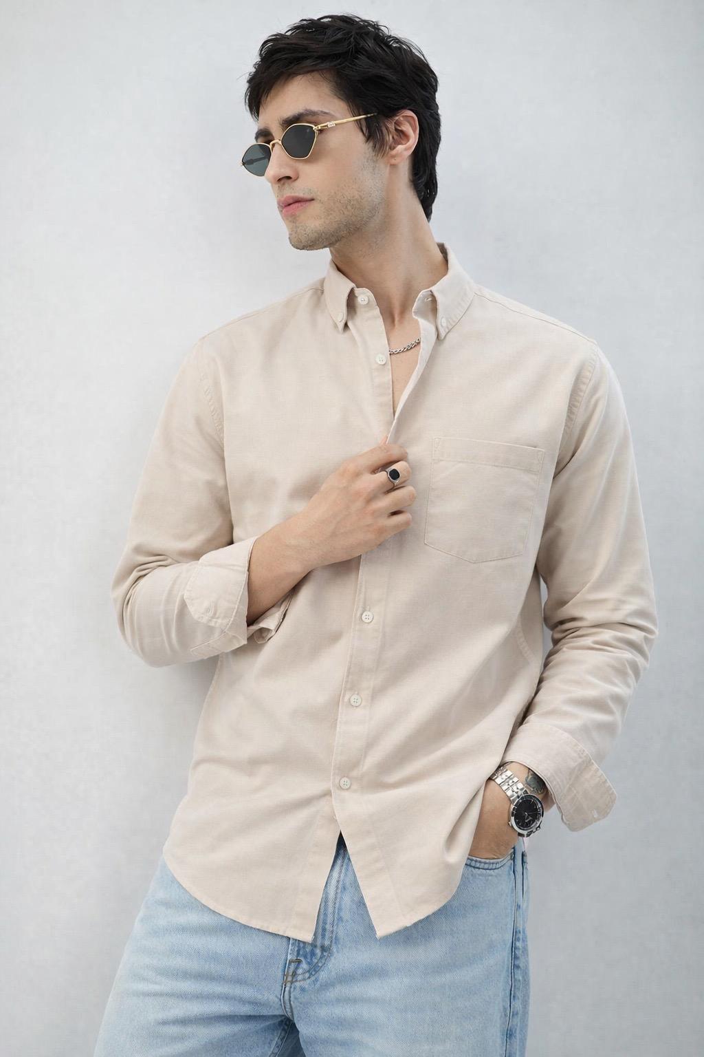 Classic Beige Oxford Cotton Shirt  - Button Down