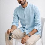 Sky Blue Linen Shirt – Mandarin Collar