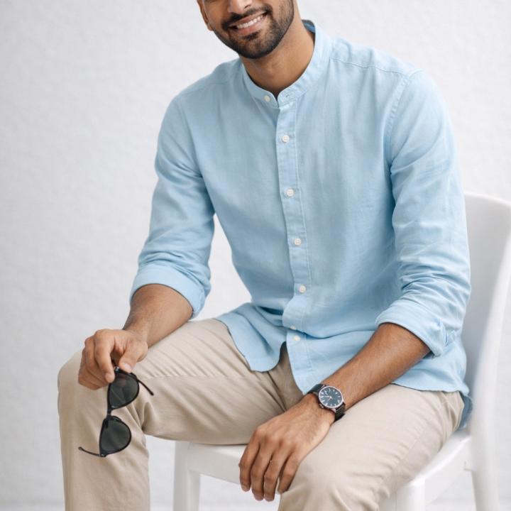 Sky Blue Linen Shirt – Mandarin Collar