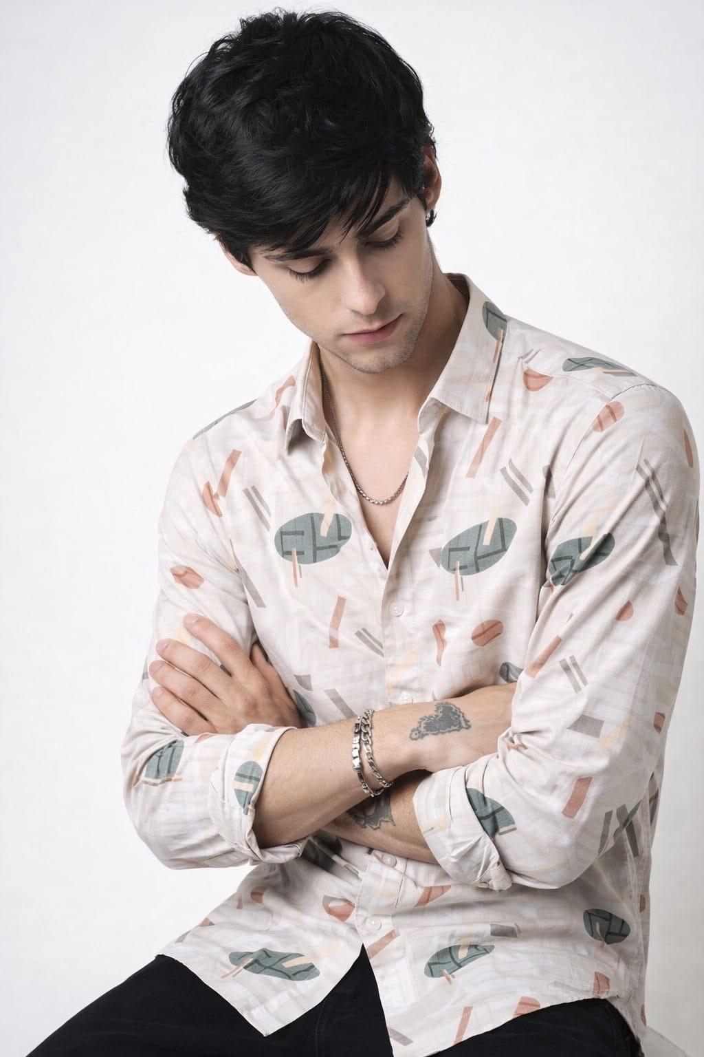 Beige Abstract Geometric Print Shirt