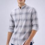 Off-White Charcoal Abstract Check Shirt - Mandarin Collar