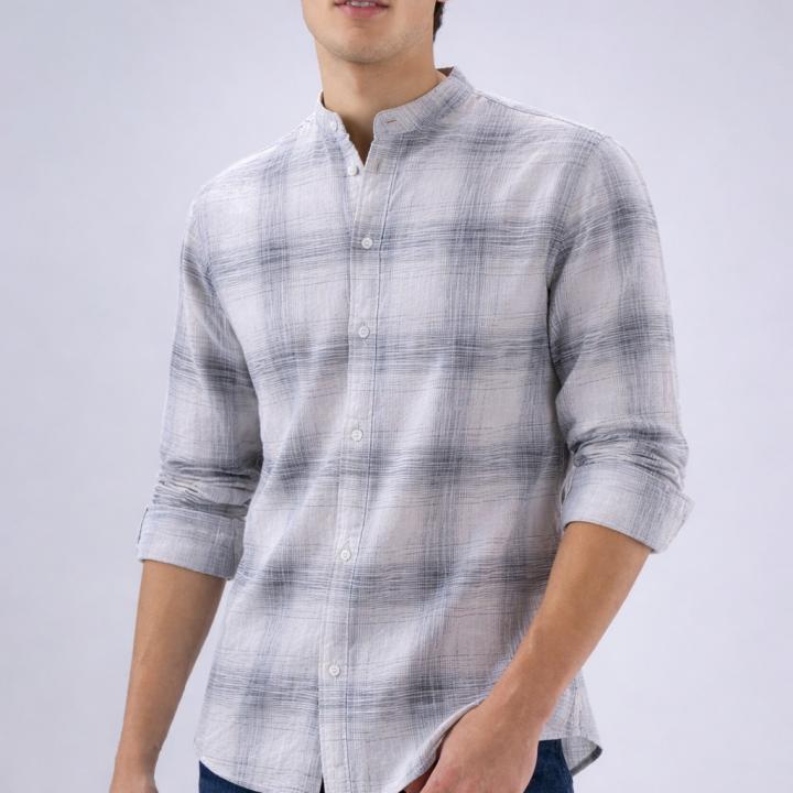 Off-White Charcoal Abstract Check Shirt - Mandarin Collar