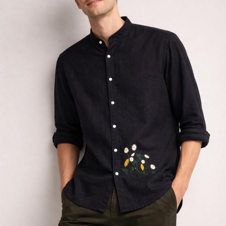 Premium Black Linen Shirt - Floral Embroidery