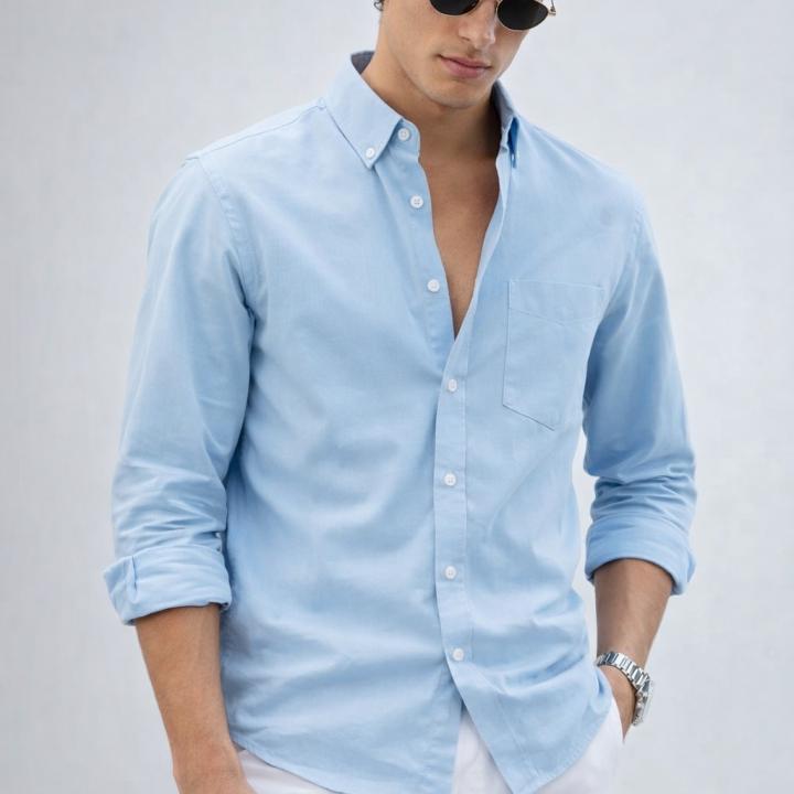 Classic Sky Blue Oxford Cotton Shirt - Button-Down