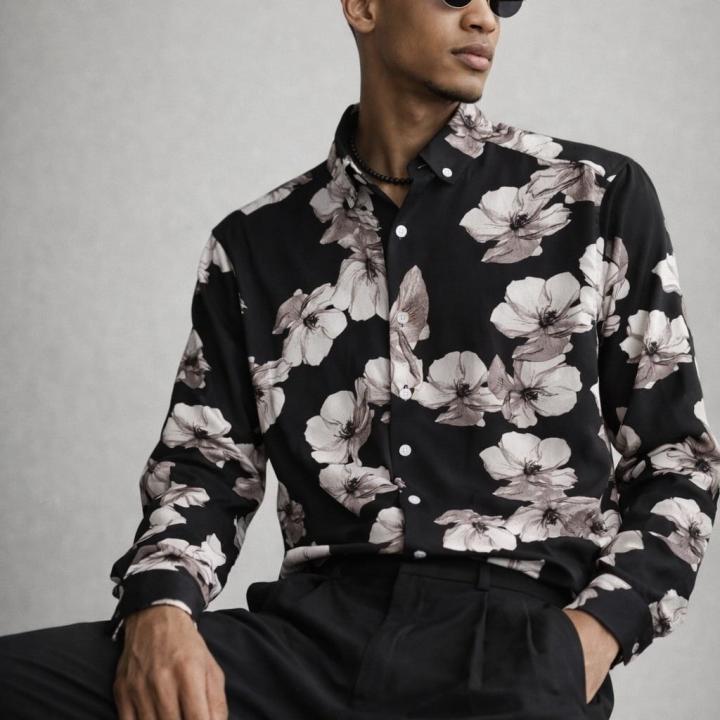 Jet Black Floral Print Shirt - Nylon
