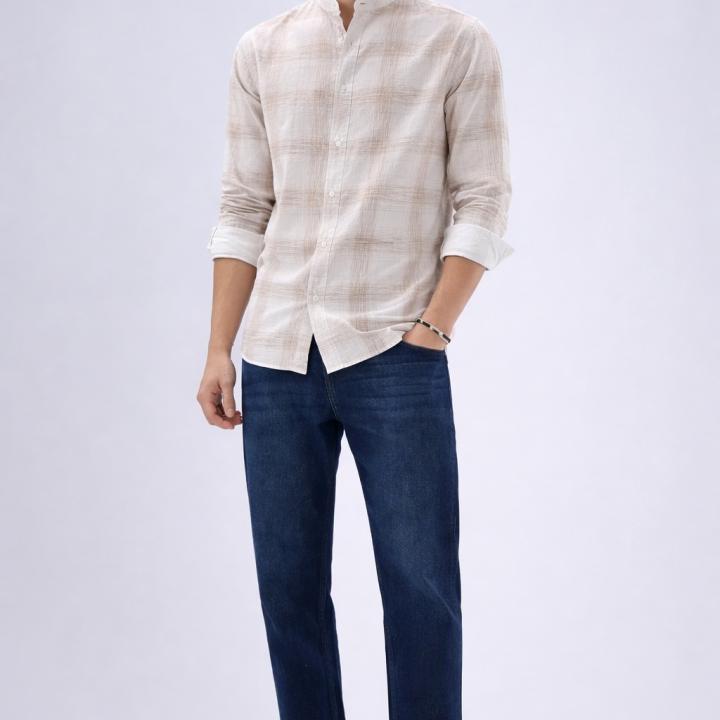 Off-White Ivory Beige Abstract Check Shirt - Mandarin Collar