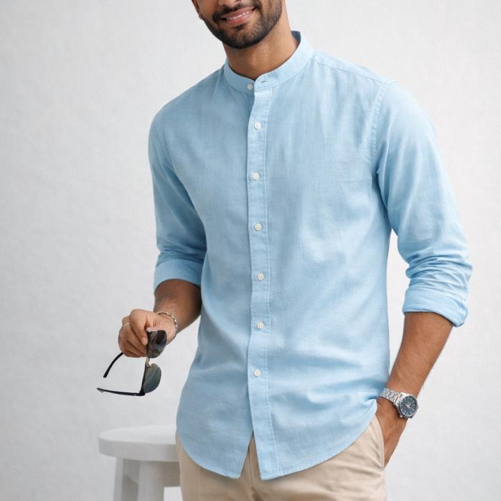 Sky Blue Linen Shirt – Mandarin Collar