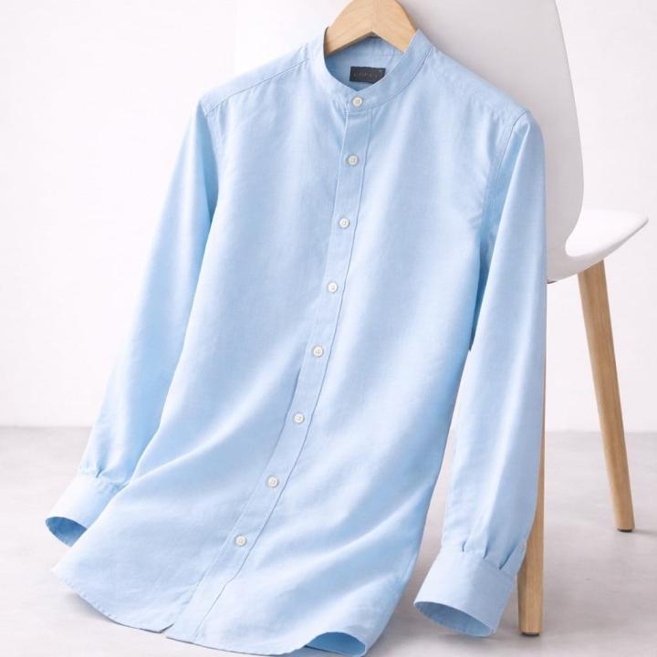 Sky Blue Linen Shirt – Mandarin Collar