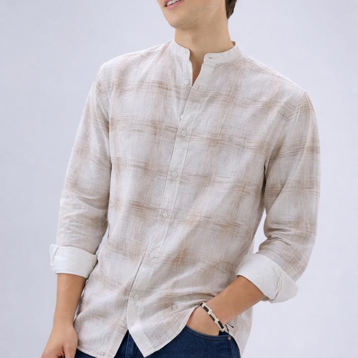 Off-White Ivory Beige Abstract Check Shirt - Mandarin Collar