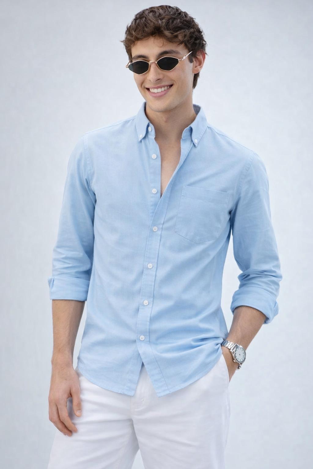 Classic Sky Blue Oxford Cotton Shirt - Button-Down