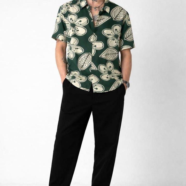 Forest Green Tropical Floral Printed Shirt - Short Sleeve