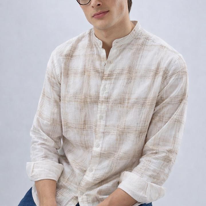 Off-White Ivory Beige Abstract Check Shirt - Mandarin Collar