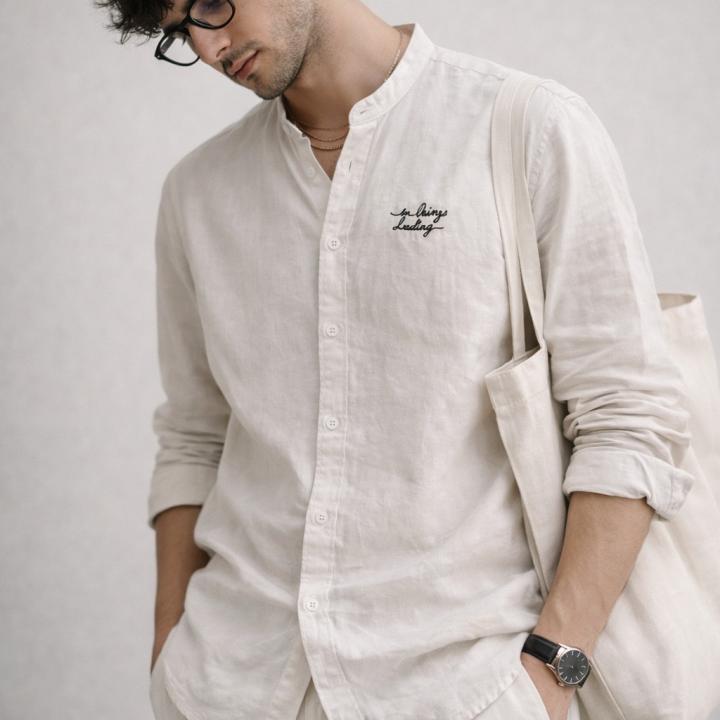 Off-White Linen Mandarin Collar Shirt