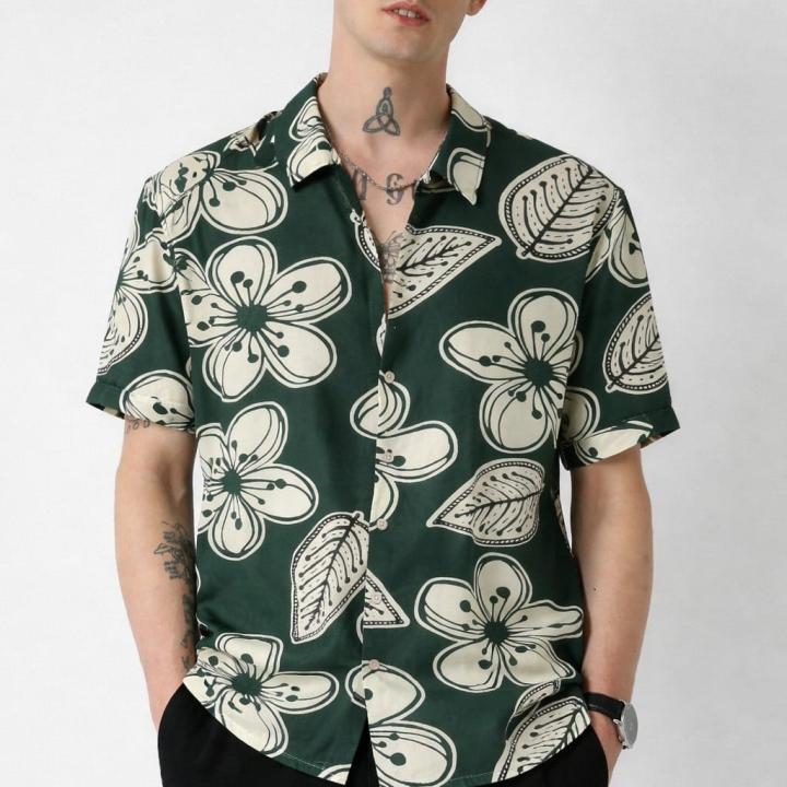Forest Green Tropical Floral Printed Shirt - Short Sleeve