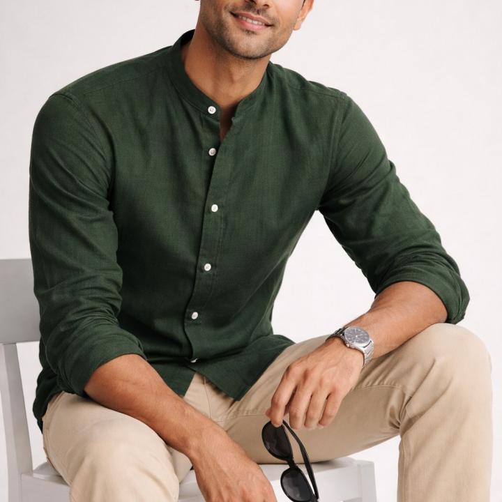 Deep Forest Green Linen Shirt – Mandarin Collar
