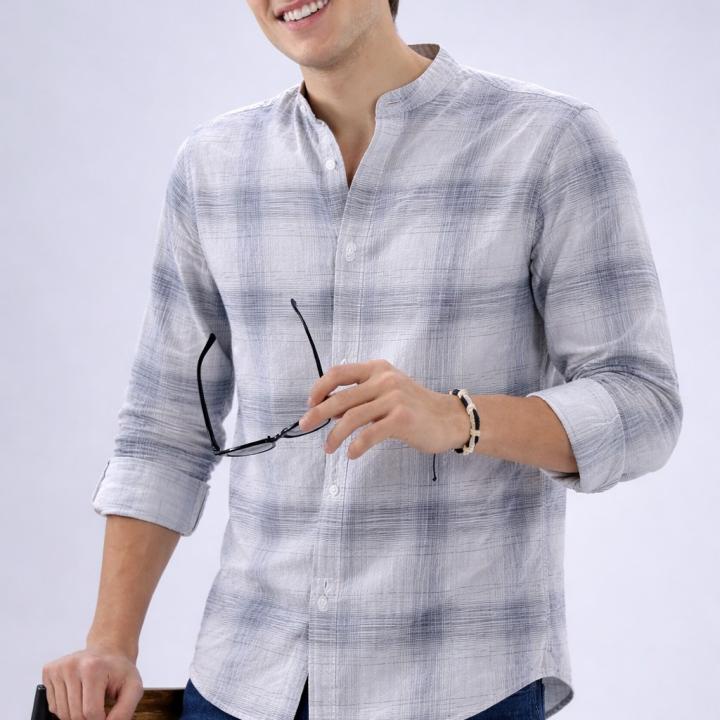 Off-White Charcoal Abstract Check Shirt - Mandarin Collar