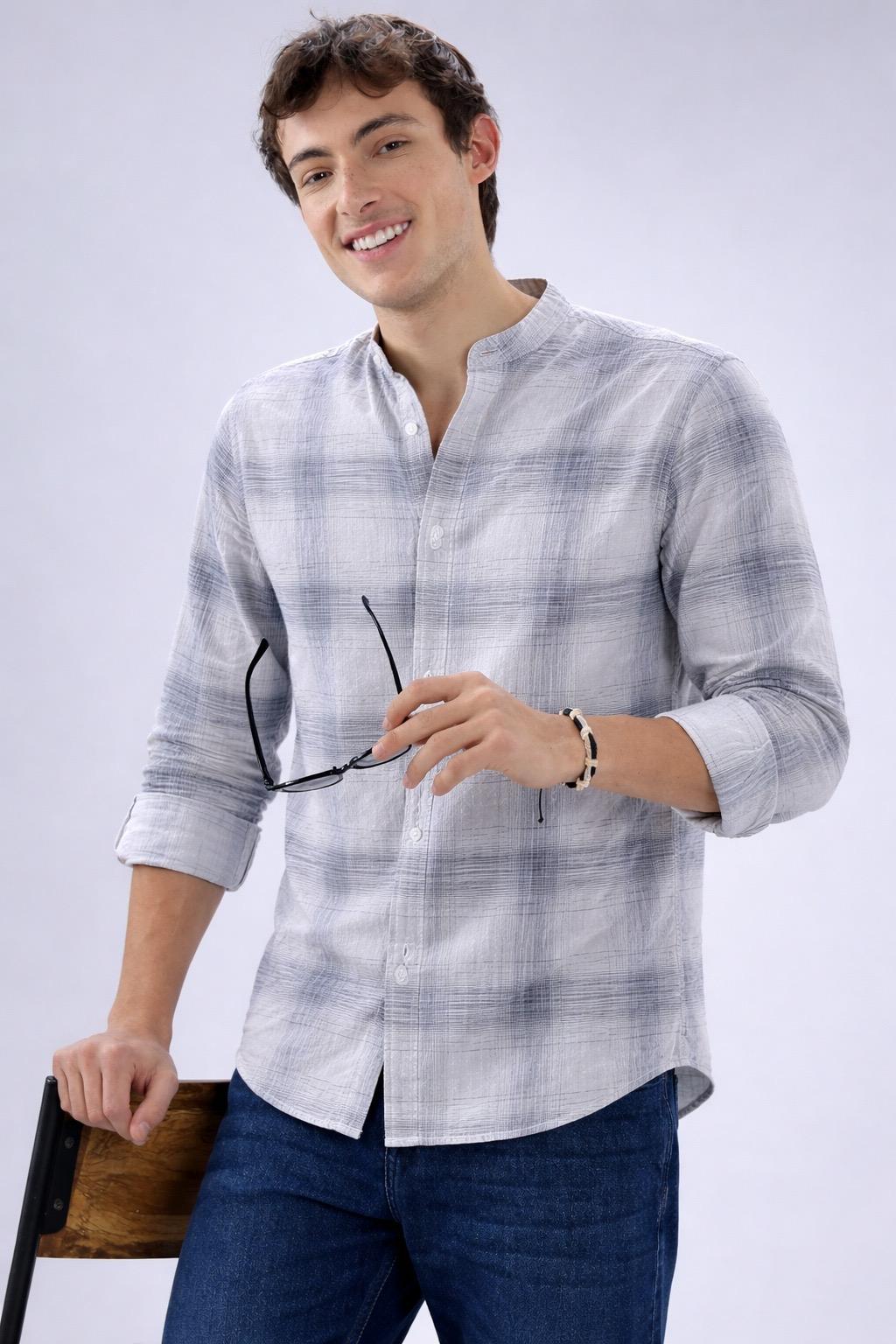 Off-White Charcoal Abstract Check Shirt - Mandarin Collar