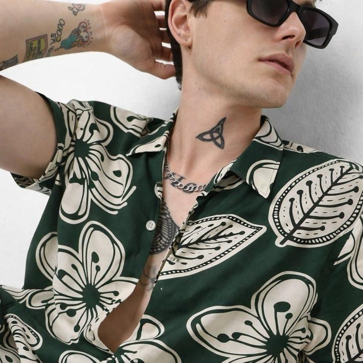 Forest Green Tropical Floral Printed Shirt - Short Sleeve