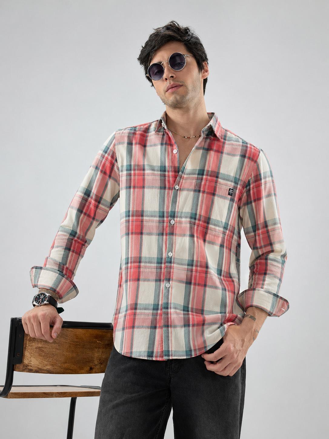 Coral Pink Chekerd Shirt - Oxford