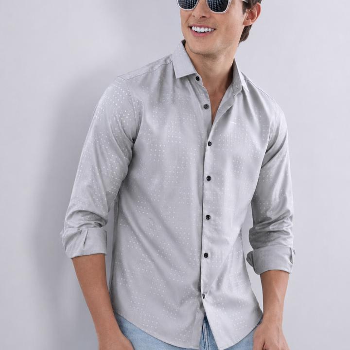 Light Grey Micro Dot Regular Fit Satin Shirt