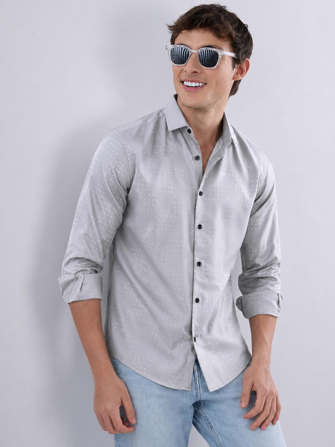 Light Grey Micro Dot Regular Fit Satin Shirt