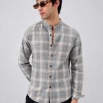 Grey Checked Mandarin Collar Jute Shirt