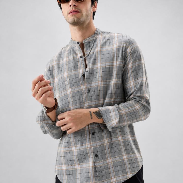 Grey Checked Mandarin Collar Jute Shirt