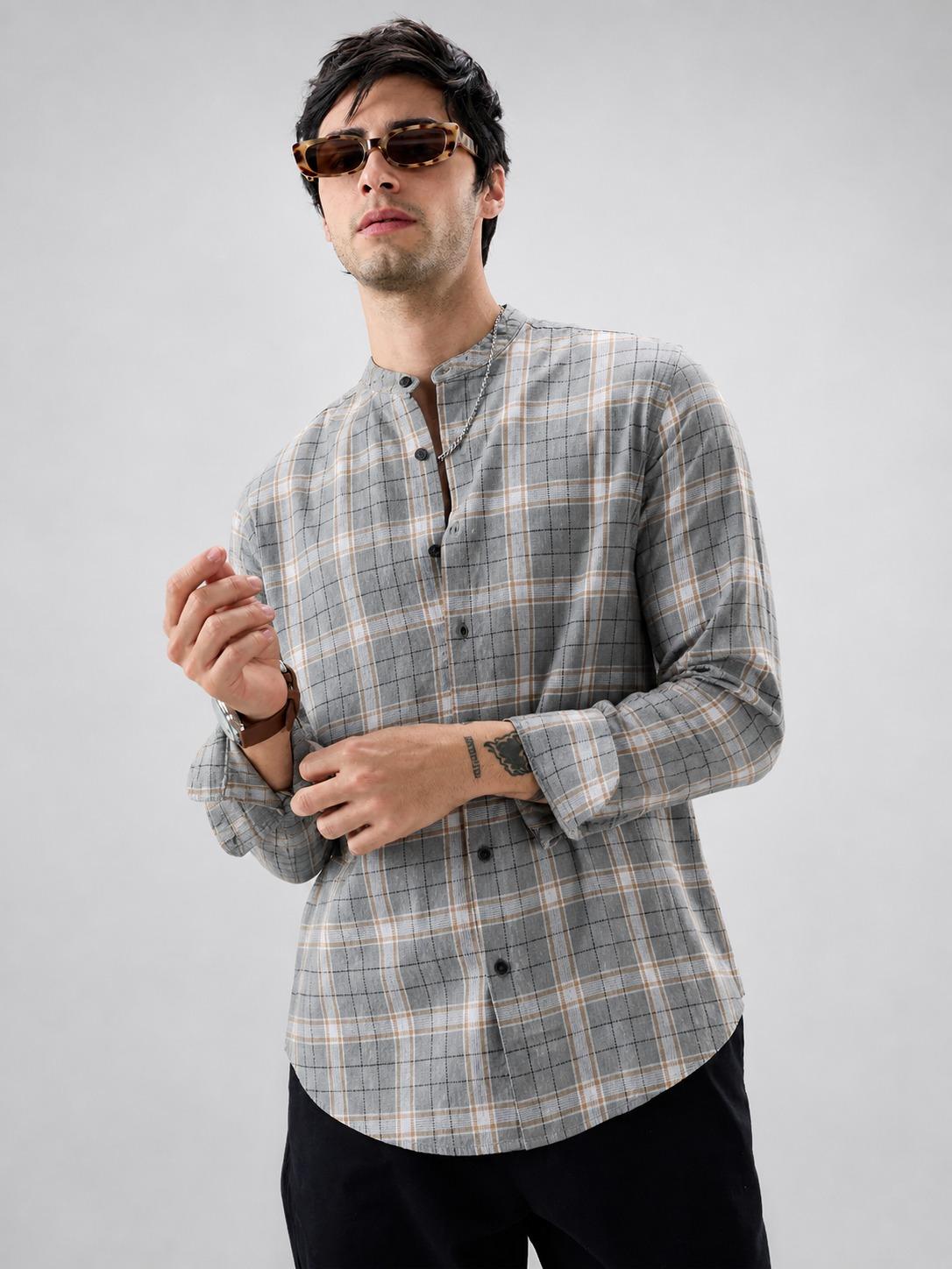 Grey Checked Mandarin Collar Jute Shirt