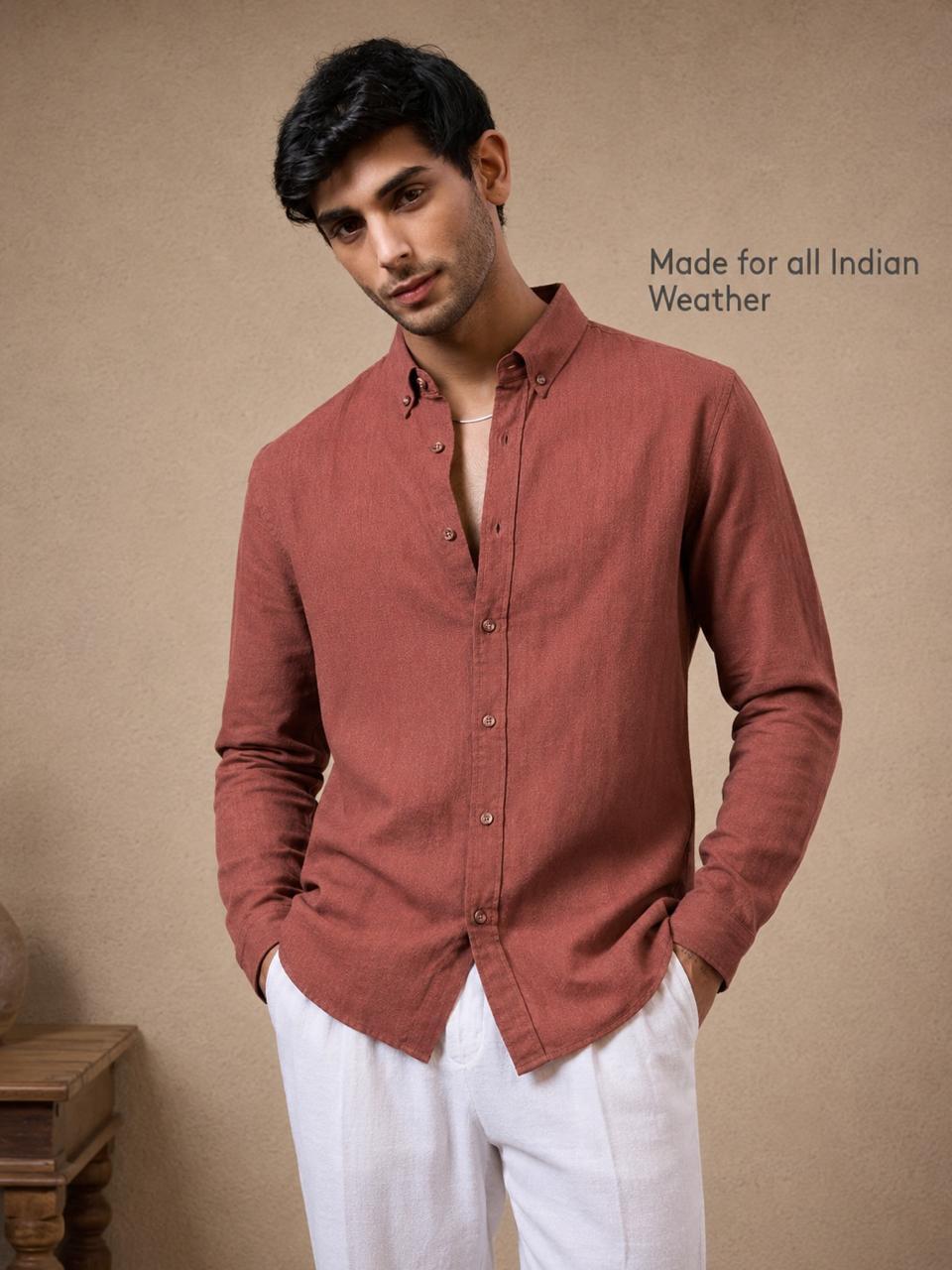 Rust Cotton Linen Blend Shirt - Button Down