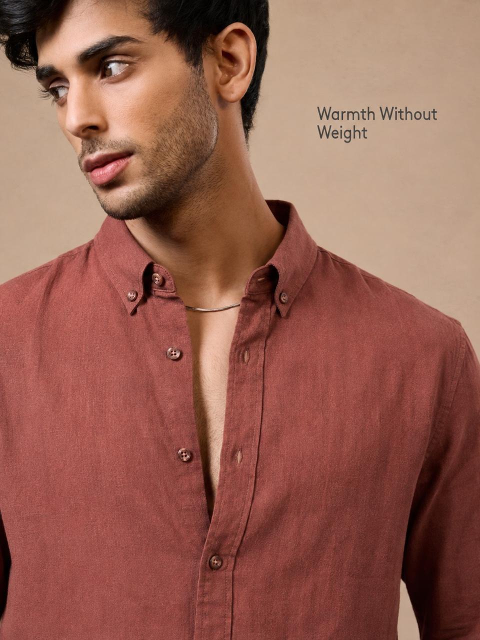 Rust Cotton Linen Blend Shirt - Button Down