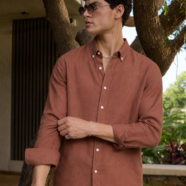 Rust Brown Linen Blend Shirt