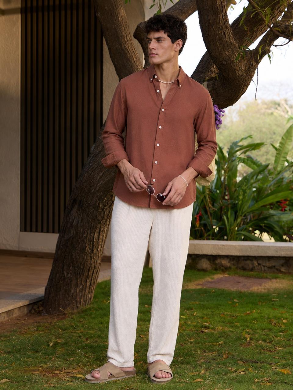Rust Brown Linen Blend Shirt