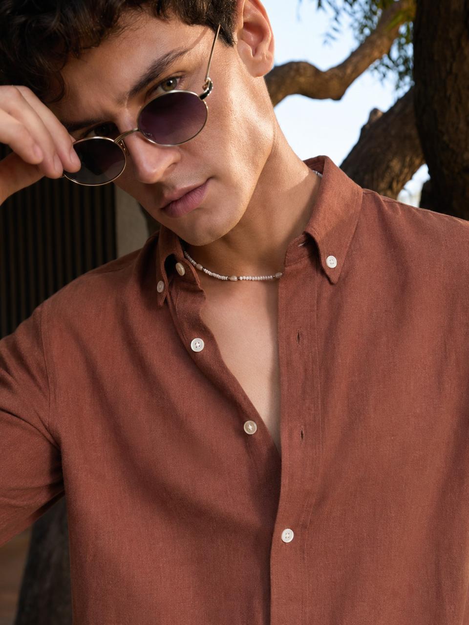 Rust Brown Linen Blend Shirt