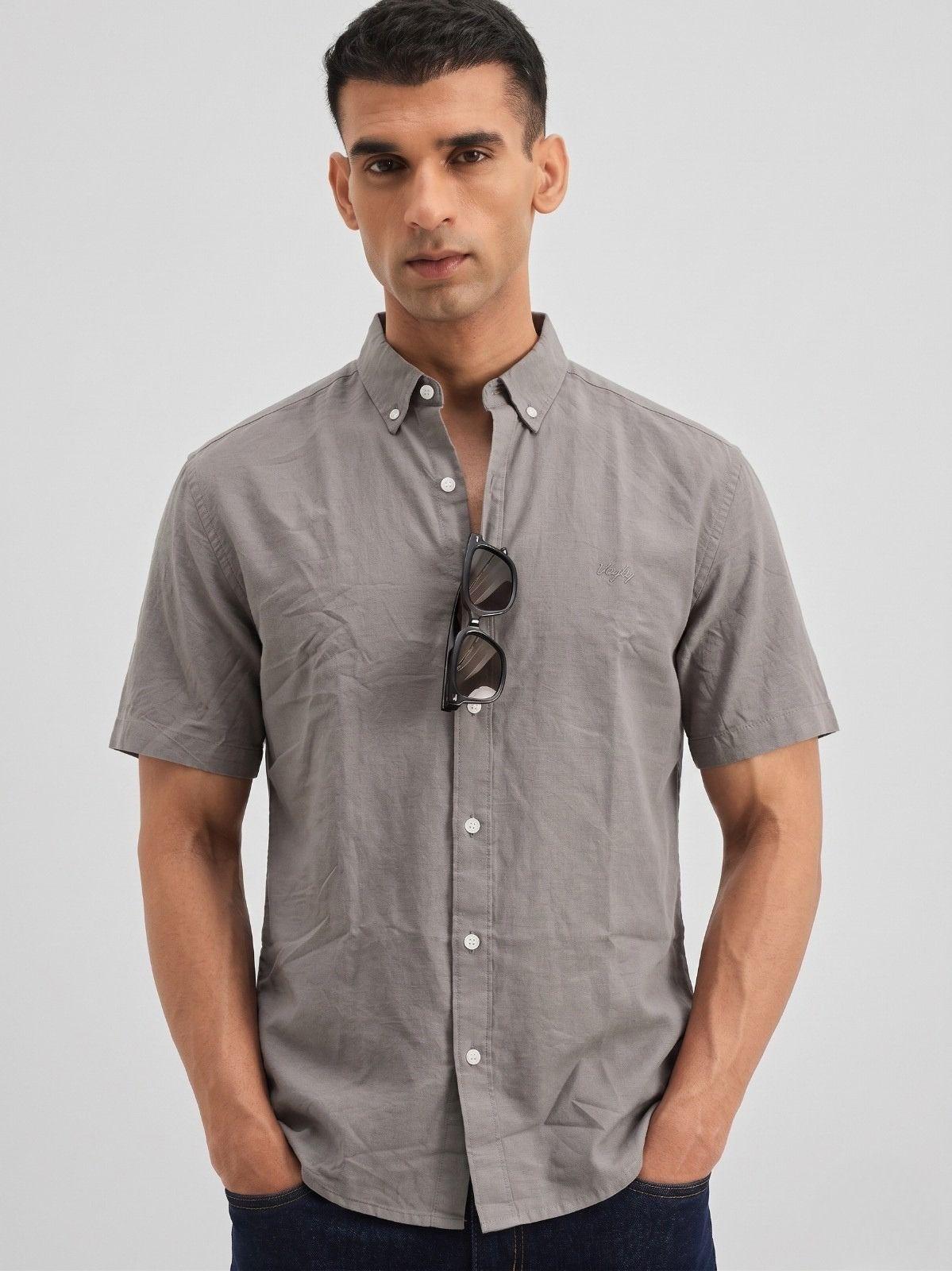 Stone Grey Solid Casual Half Sleeve Shirt