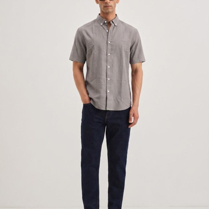 Stone Grey Solid Casual Half Sleeve Shirt