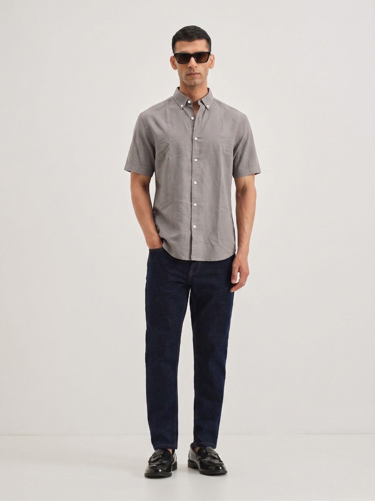 Stone Grey Solid Casual Half Sleeve Shirt