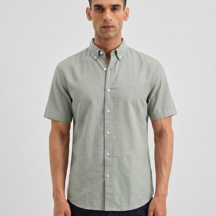 Sage Green Solid Casual Half Sleeve Shirt