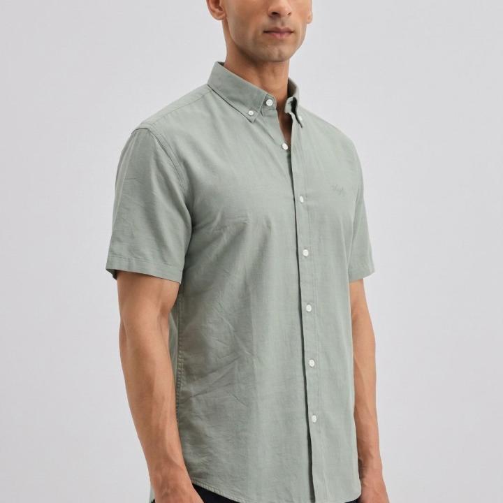 Sage Green Solid Casual Half Sleeve Shirt