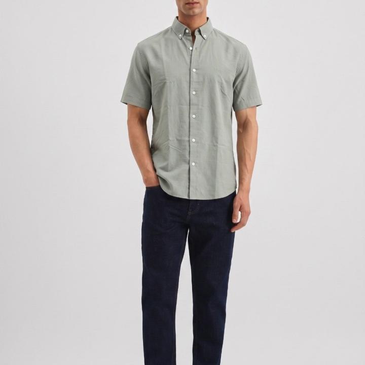 Sage Green Solid Casual Half Sleeve Shirt