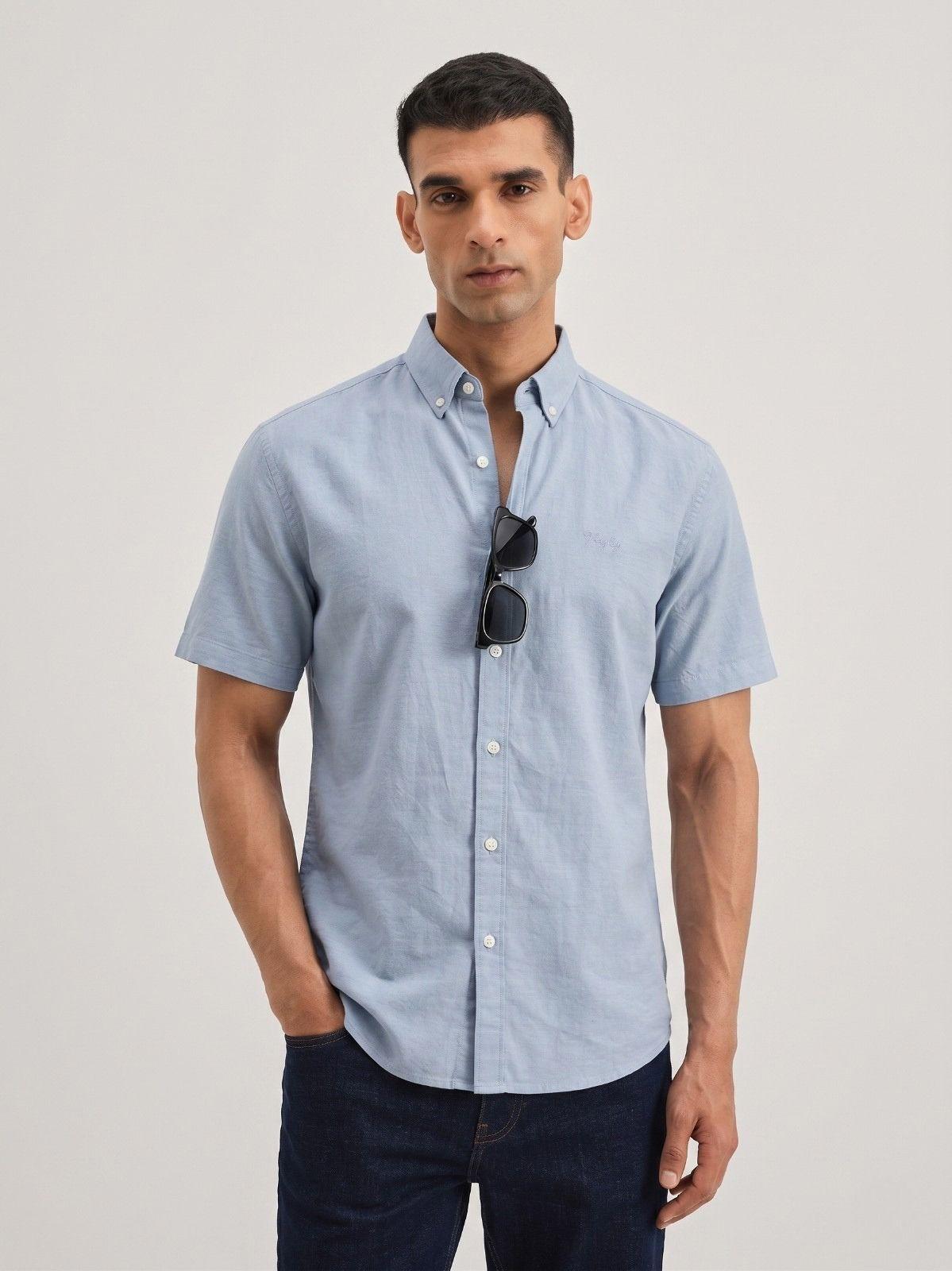 Sky Blue Solid Casual Half Sleeve Shirt
