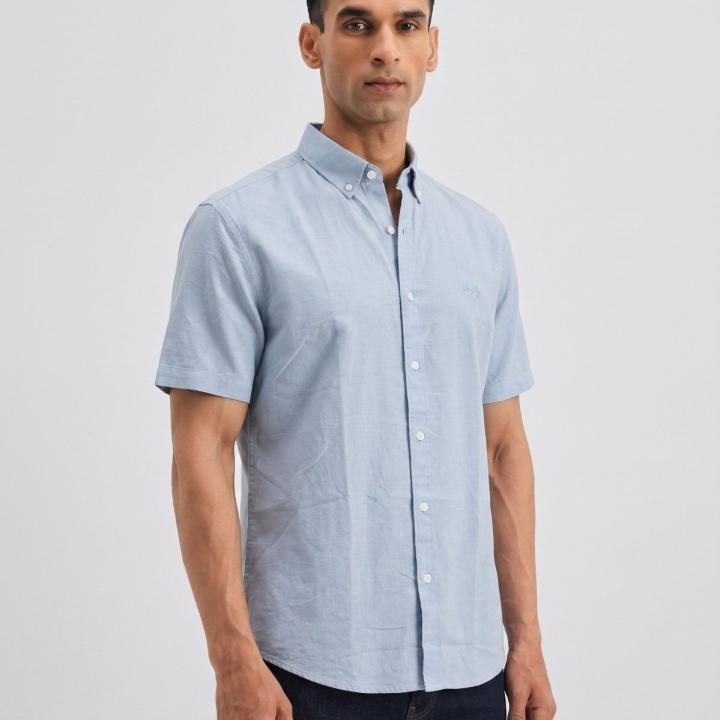 Sky Blue Solid Casual Half Sleeve Shirt