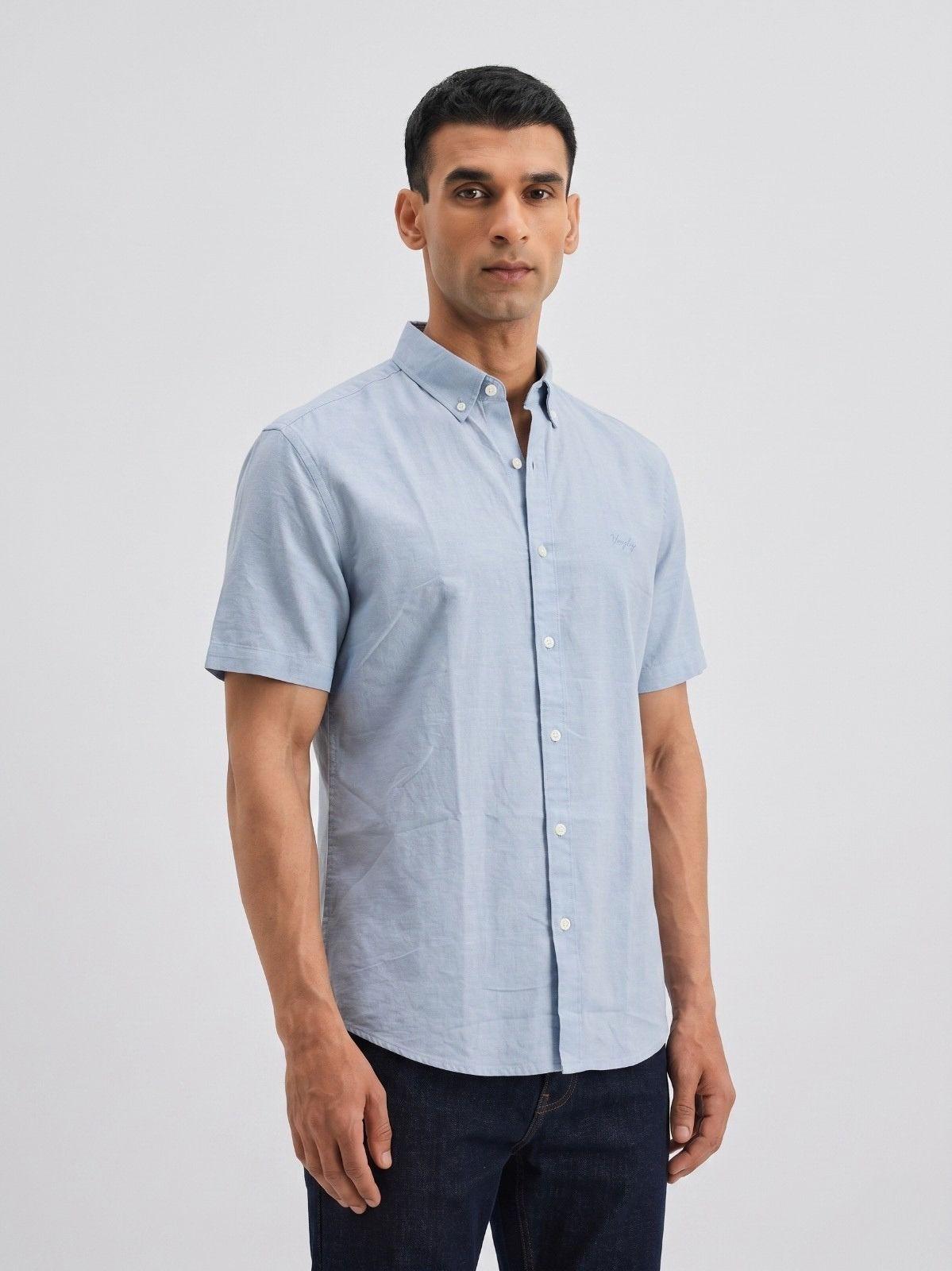 Sky Blue Solid Casual Half Sleeve Shirt