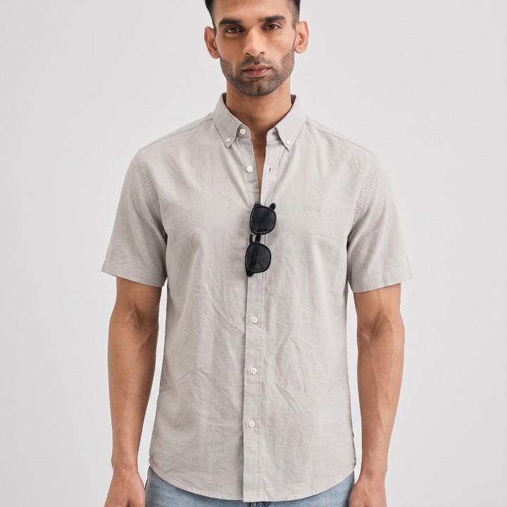 Light Grey Solid Casual Half Sleeve Shirt