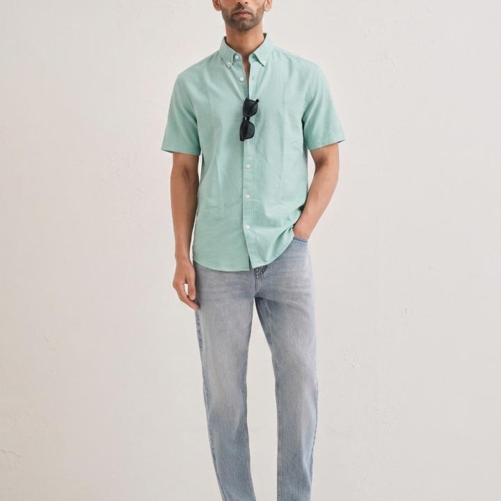 Mint Green Solid Casual Half Sleeve Shirt
