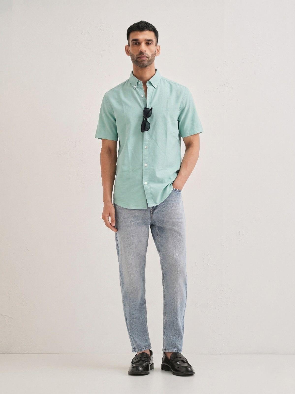 Mint Green Solid Casual Half Sleeve Shirt