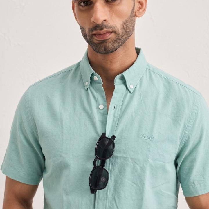 Mint Green Solid Casual Half Sleeve Shirt