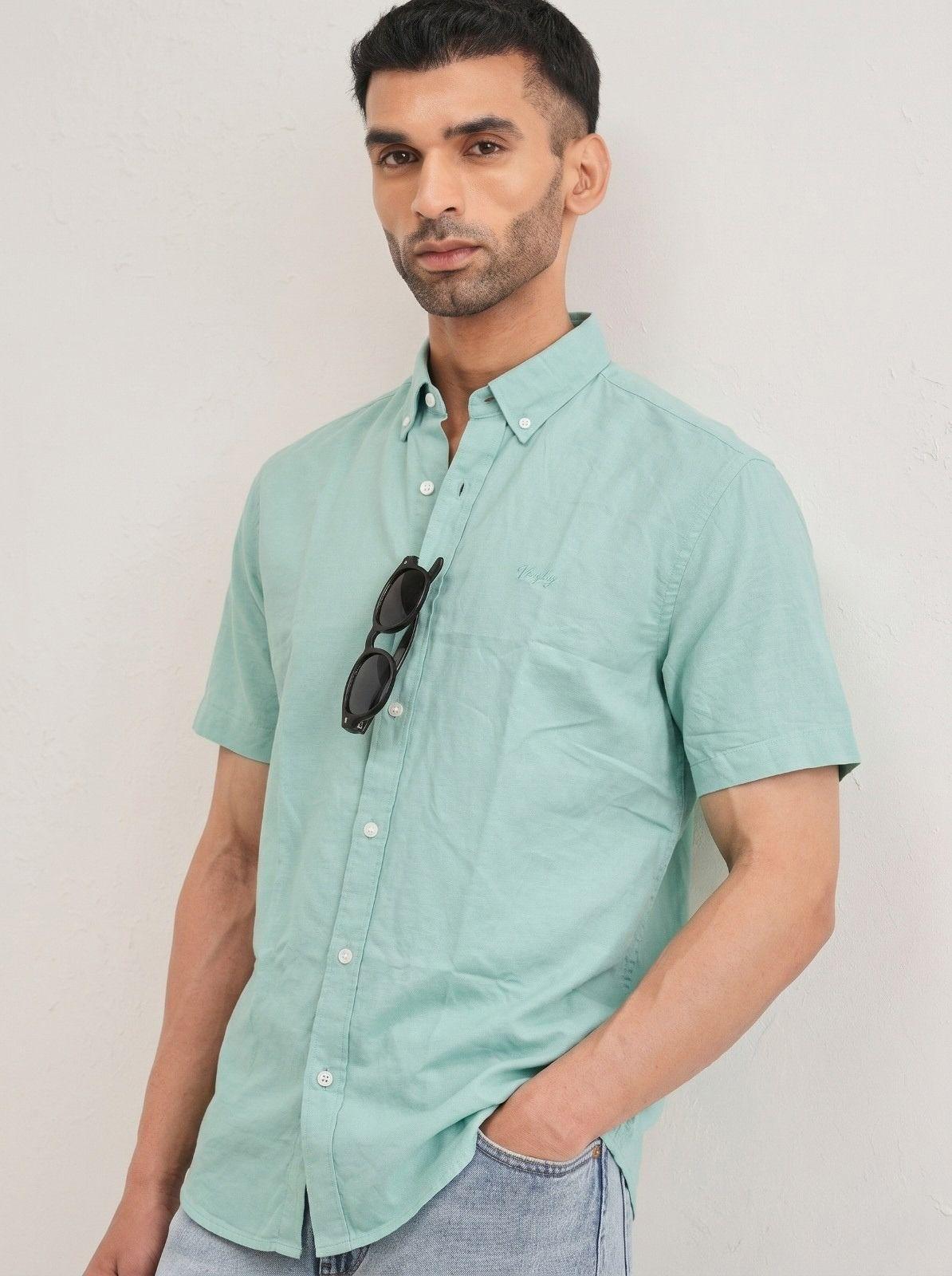 Mint Green Solid Casual Half Sleeve Shirt