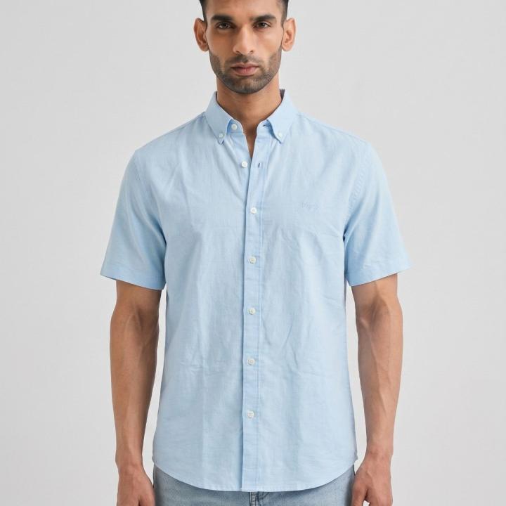 Baby Blue Solid Casual Half Sleeve Shirt