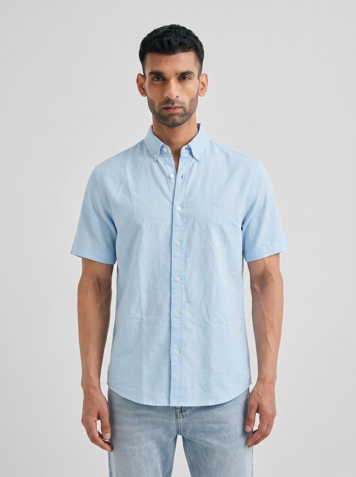 Baby Blue Solid Casual Half Sleeve Shirt